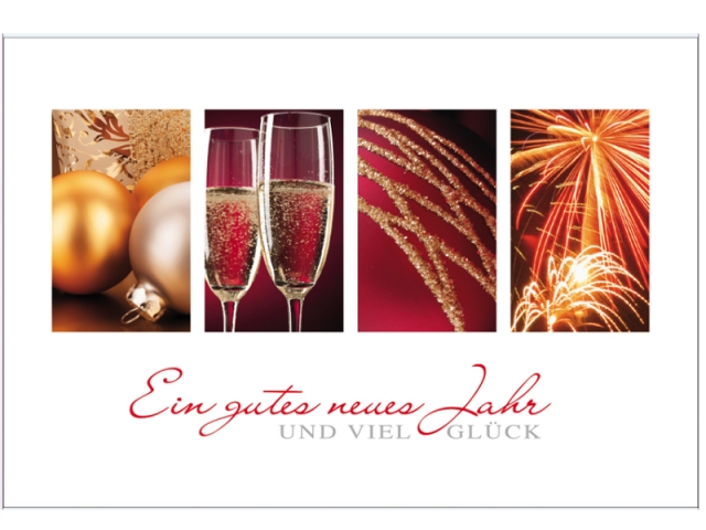 Neujahrskarte Borer rote Bilder von Feuerwerk und Sektgläsern