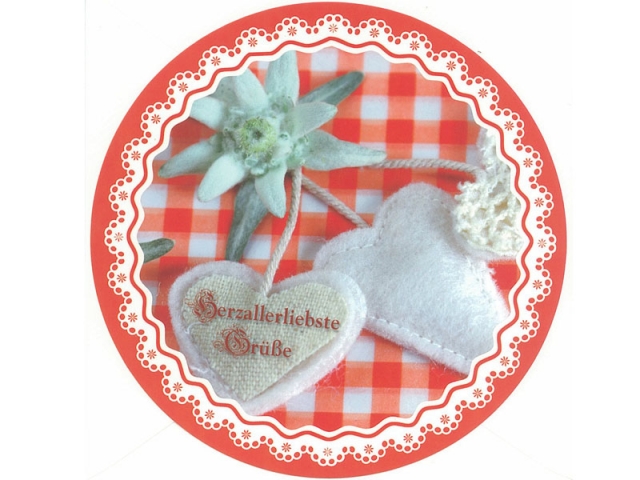 Karte Gollong Edelweiss rund, rot-weiss karriert, Filzherzen